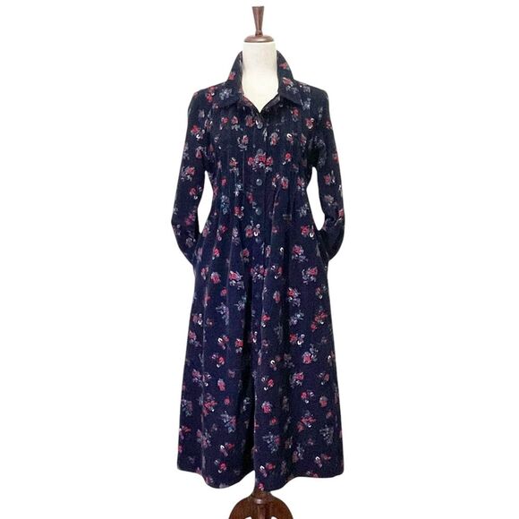 Vermont Country Store Pintuck Cotton Corduroy Dress Navy Blue Floral Size Medium - Picture 4 of 15
